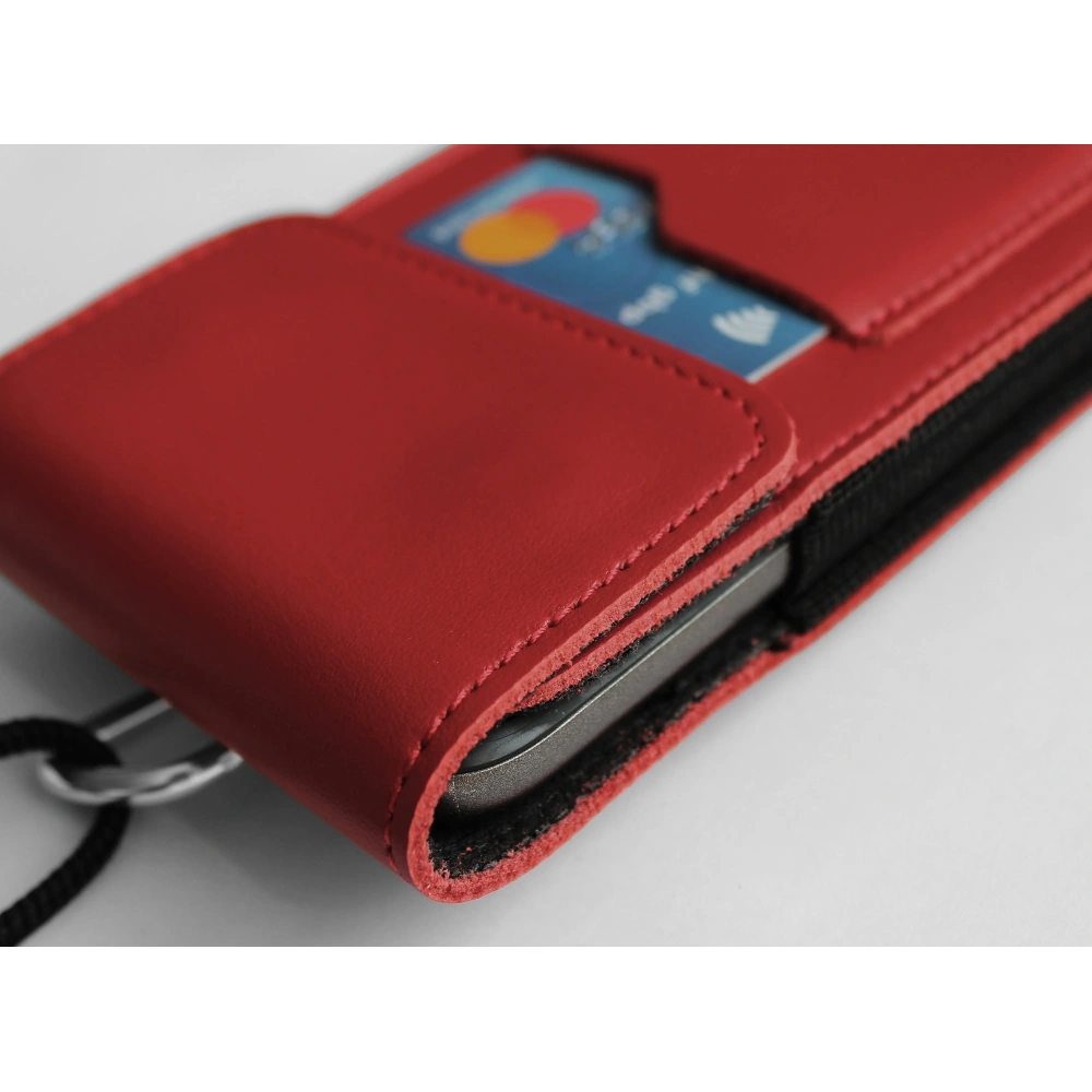 Skórzane etui na szyję / do paska / do szlufki kabura pionowa LURESKO HECTOR XXL 167x78x10mm (czerwony gładki czerwona nić)