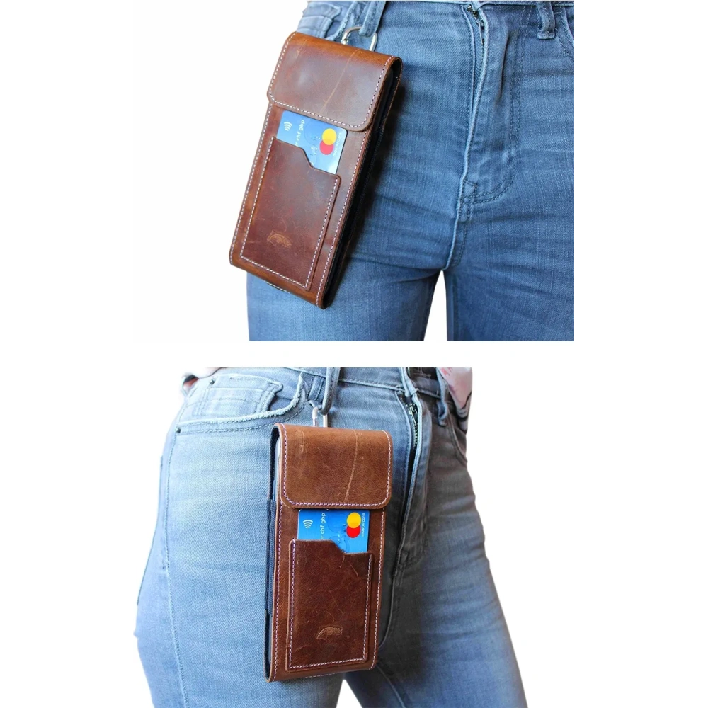 Skórzane etui na szyję / do paska / do szlufki kabura pionowa LURESKO HECTOR XXL 167x78x10mm (jasny brąz vintage biała nić)