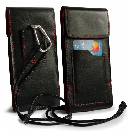Buy LURESKO HECTOR XXL leather neck case / belt case / loop holster vertical 167x78x10mm (black smooth red thread red interior) - LUR127 - {ean13} - Home Screen Store Europe