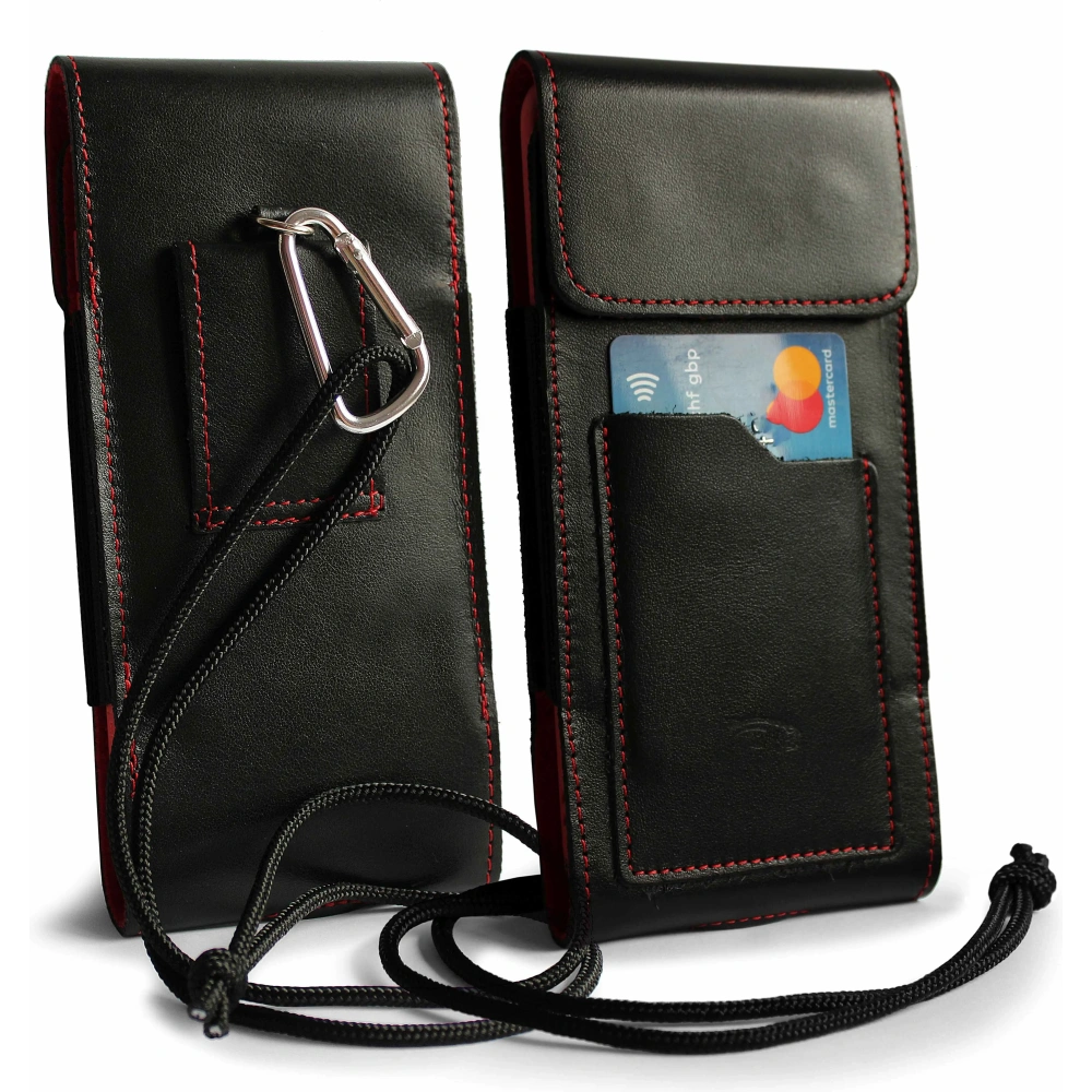 Skórzane etui na szyję / do paska / do szlufki kabura pionowa LURESKO HECTOR XXL 167x78x10mm (czarny gładki czerwona nić czerwony środek)