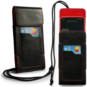 Buy LURESKO HECTOR XXL leather neck case / belt case / loop holster vertical 167x78x10mm (black smooth red thread red interior) - LUR127 - {ean13} - Home Screen Store Europe