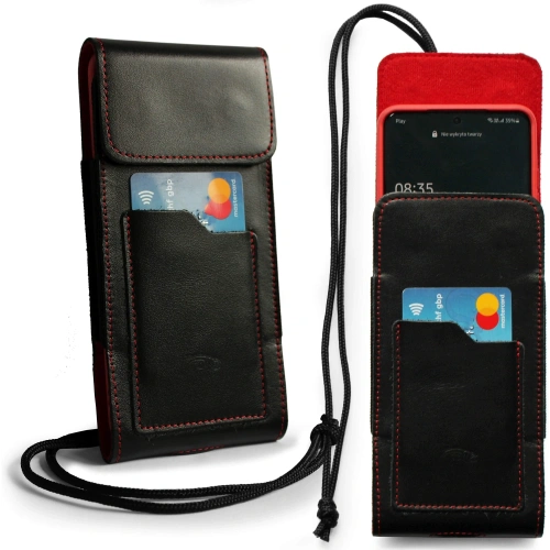 Buy LURESKO HECTOR XXL leather neck case / belt case / loop holster vertical 167x78x10mm (black smooth red thread red interior) - LUR127 - {ean13} - Home Screen Store Europe