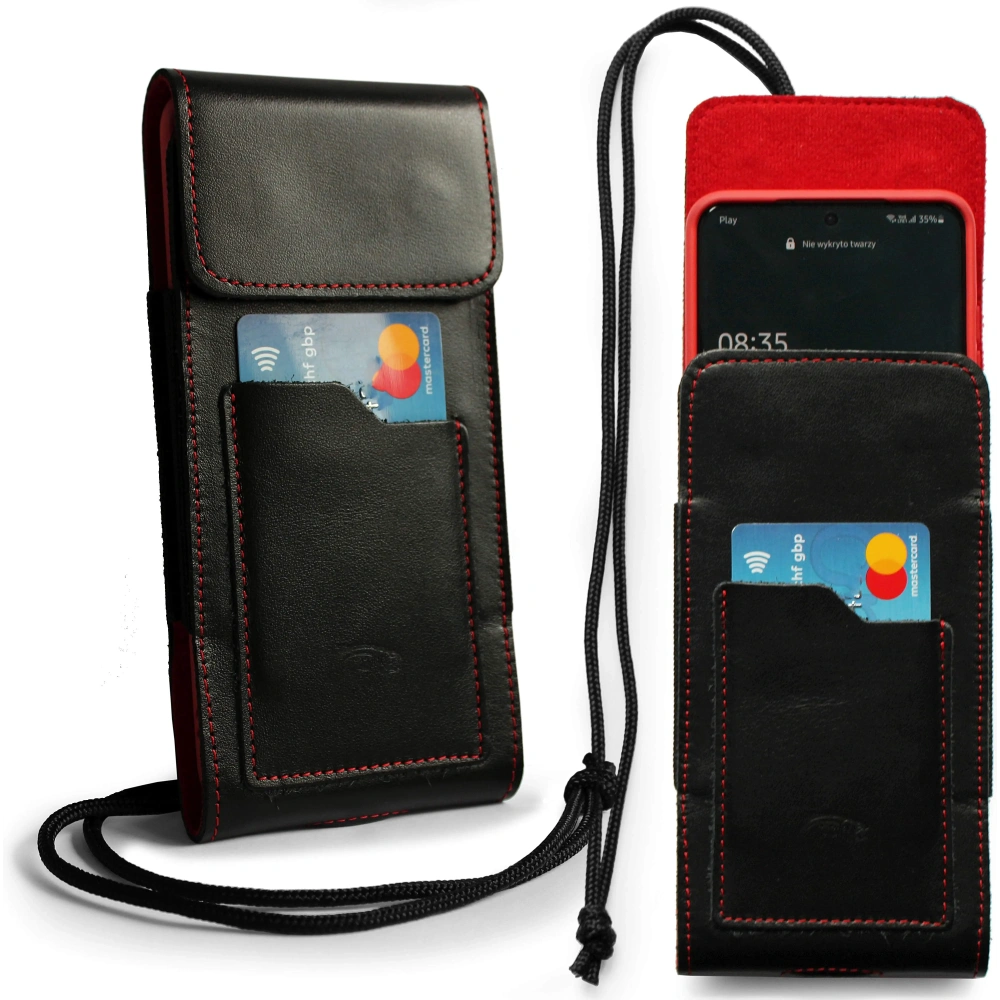 Skórzane etui na szyję / do paska / do szlufki kabura pionowa LURESKO HECTOR XXL 167x78x10mm (czarny gładki czerwona nić czerwony środek)