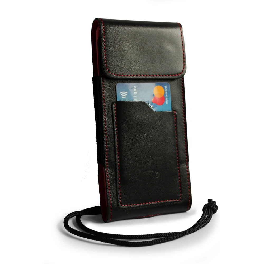Skórzane etui na szyję / do paska / do szlufki kabura pionowa LURESKO HECTOR XXL 167x78x10mm (czarny gładki czerwona nić czerwony środek)