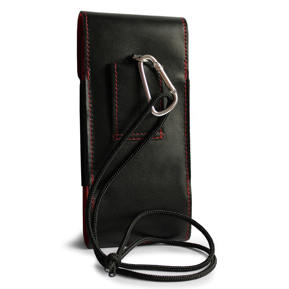 Skórzane etui na szyję / do paska / do szlufki kabura pionowa LURESKO HECTOR XXL 167x78x10mm (czarny gładki czerwona nić czerwony środek)