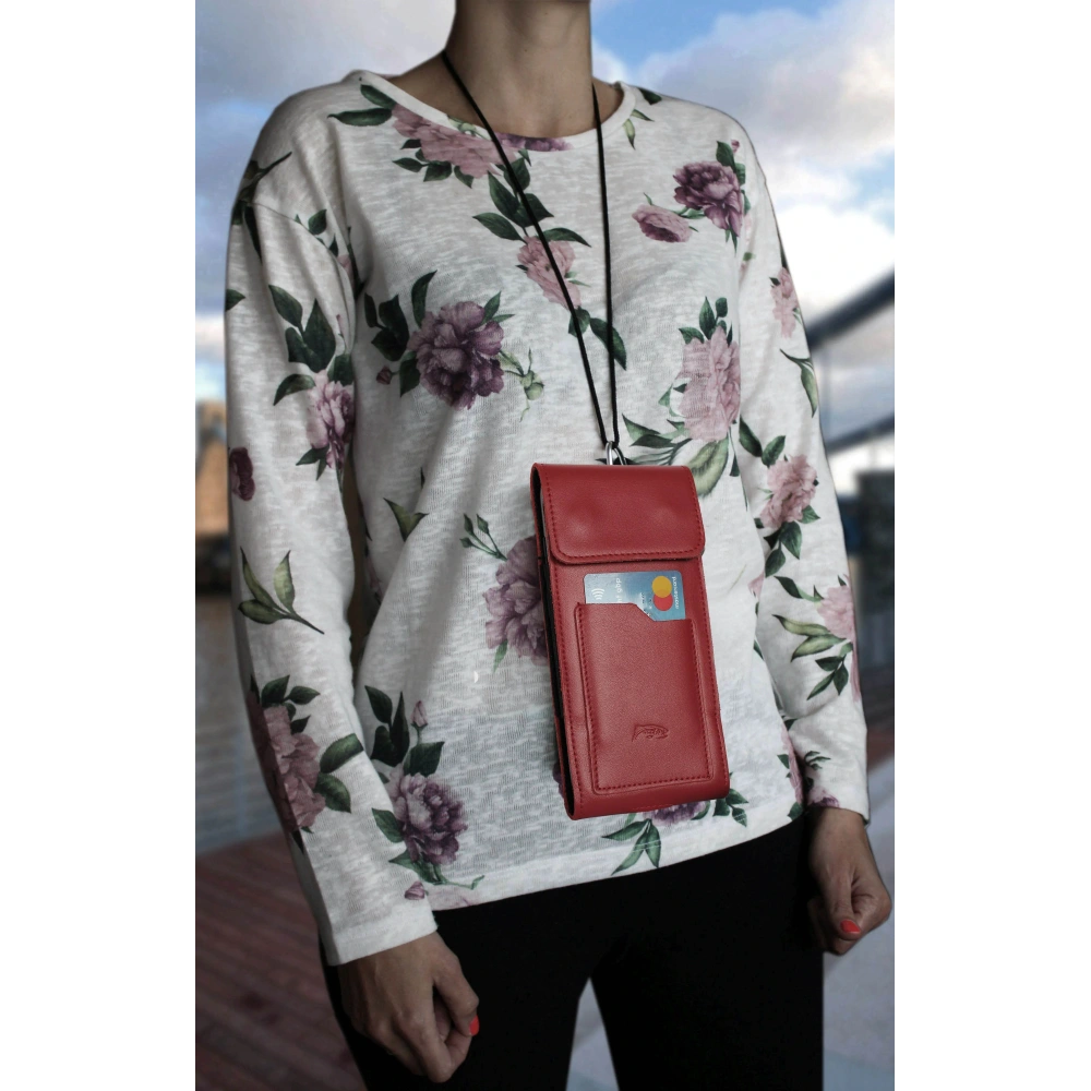 Skórzane etui na szyję / do paska / do szlufki kabura pionowa LURESKO HECTOR XXL 167x78x10mm (czerwony gładki czerwona nić)