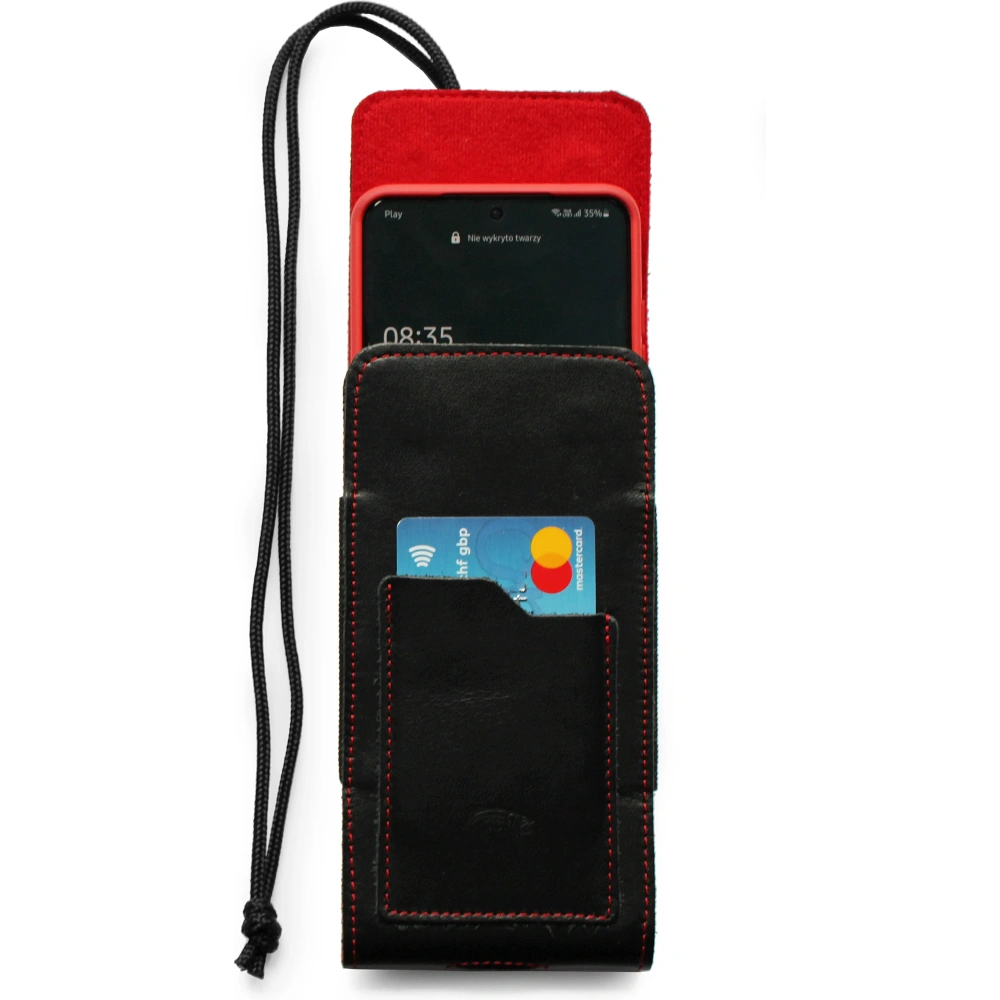 Skórzane etui na szyję / do paska / do szlufki kabura pionowa LURESKO HECTOR XXL 167x78x10mm (czarny gładki czerwona nić czerwony środek)