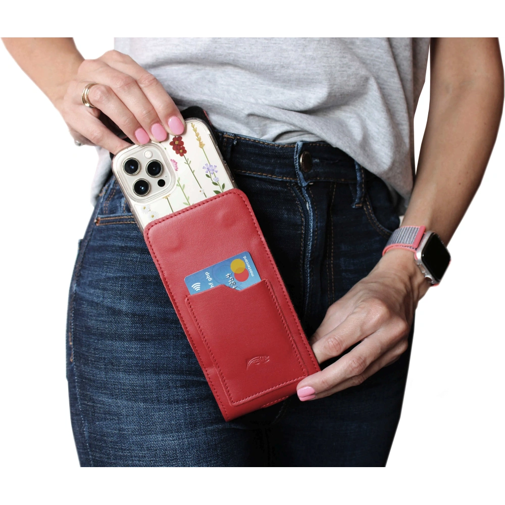 Skórzane etui na szyję / do paska / do szlufki kabura pionowa LURESKO HECTOR XXL 167x78x10mm (czerwony gładki czerwona nić)