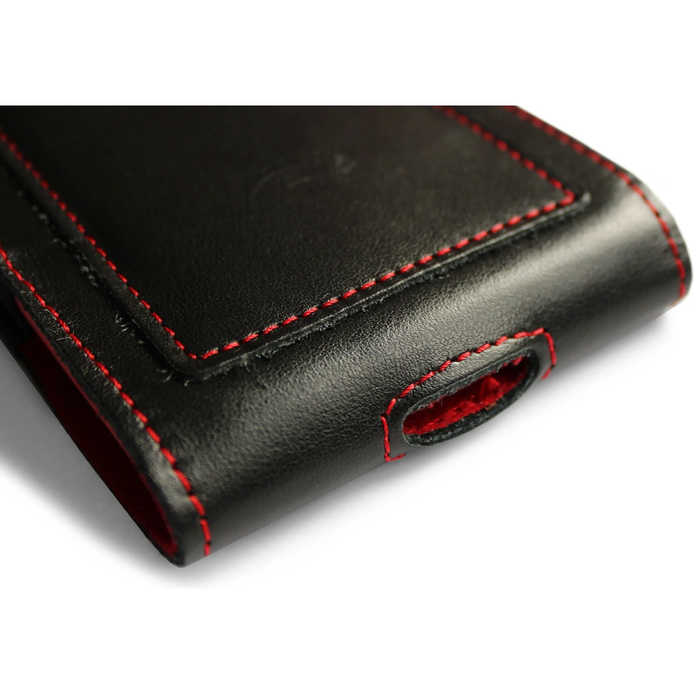 Skórzane etui na szyję / do paska / do szlufki kabura pionowa LURESKO HECTOR XXL 167x78x10mm (czarny gładki czerwona nić czerwony środek)