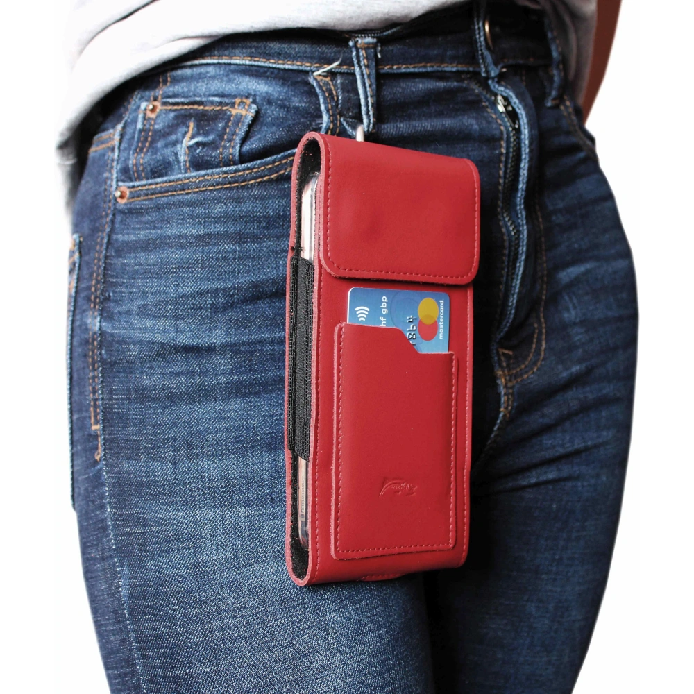 Skórzane etui na szyję / do paska / do szlufki kabura pionowa LURESKO HECTOR XXL 167x78x10mm (czerwony gładki czerwona nić)