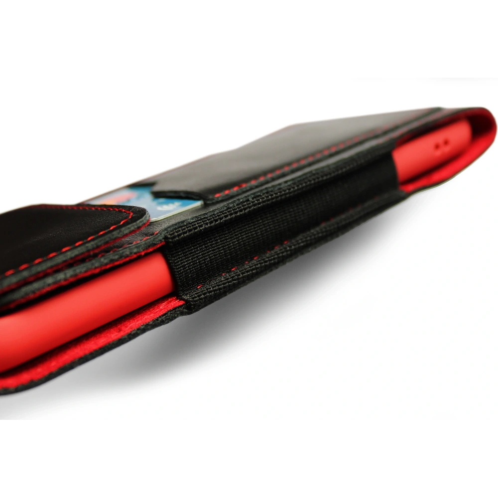 Skórzane etui na szyję / do paska / do szlufki kabura pionowa LURESKO HECTOR XXL 167x78x10mm (czarny gładki czerwona nić czerwony środek)