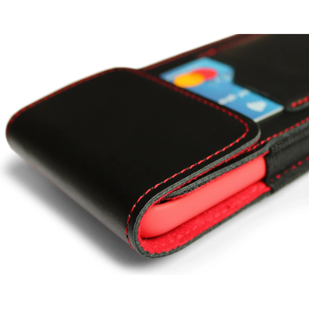 Skórzane etui na szyję / do paska / do szlufki kabura pionowa LURESKO HECTOR XXL 167x78x10mm (czarny gładki czerwona nić czerwony środek)