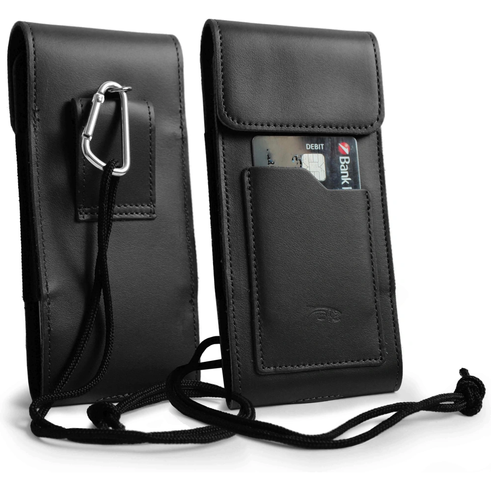 Skórzane etui na szyję / do paska / do szlufki / kabura pionowa LURESKO HECTOR XXL 167x78x10mm (czarny gładki czarna nić)