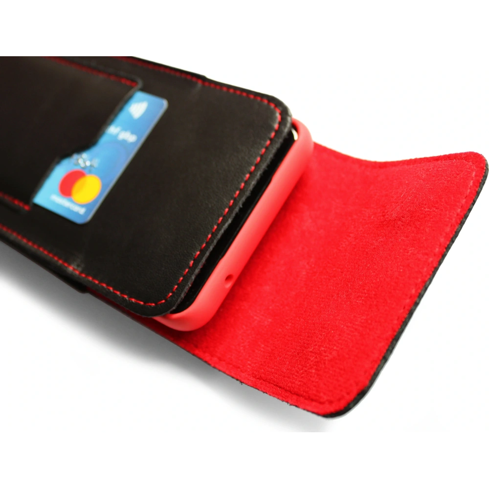 Skórzane etui na szyję / do paska / do szlufki kabura pionowa LURESKO HECTOR XXL 167x78x10mm (czarny gładki czerwona nić czerwony środek)