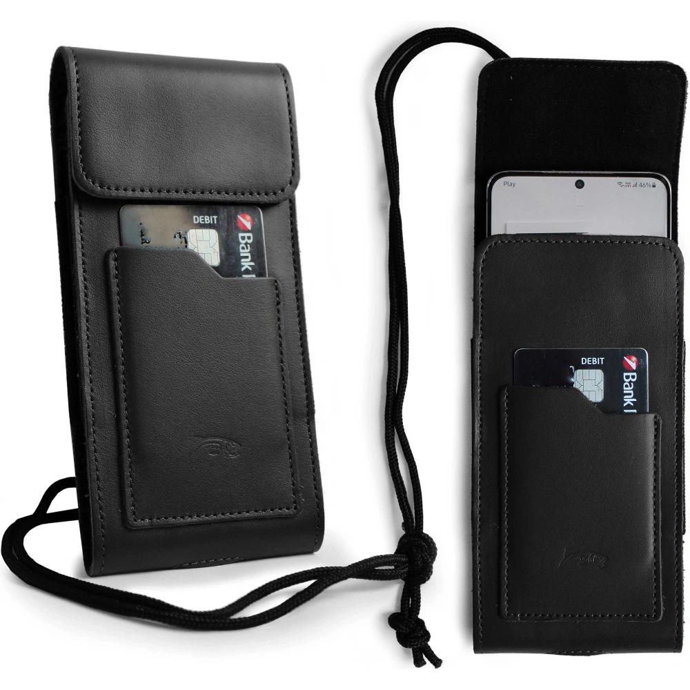 Skórzane etui na szyję / do paska / do szlufki / kabura pionowa LURESKO HECTOR XXL 167x78x10mm (czarny gładki czarna nić)