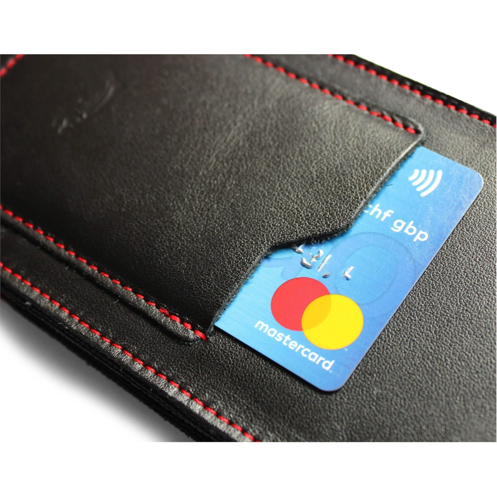 Skórzane etui na szyję / do paska / do szlufki kabura pionowa LURESKO HECTOR XXL 167x78x10mm (czarny gładki czerwona nić czerwony środek)