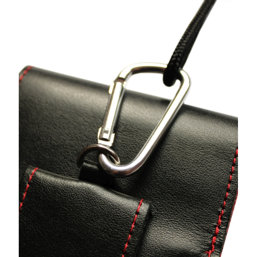 Skórzane etui na szyję / do paska / do szlufki kabura pionowa LURESKO HECTOR XXL 167x78x10mm (czarny gładki czerwona nić czerwony środek)