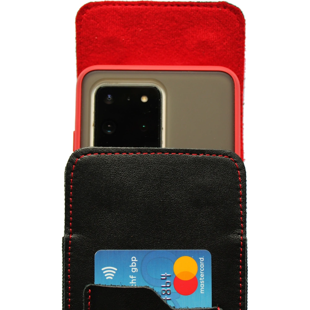 Skórzane etui na szyję / do paska / do szlufki kabura pionowa LURESKO HECTOR XXL 167x78x10mm (czarny gładki czerwona nić czerwony środek)