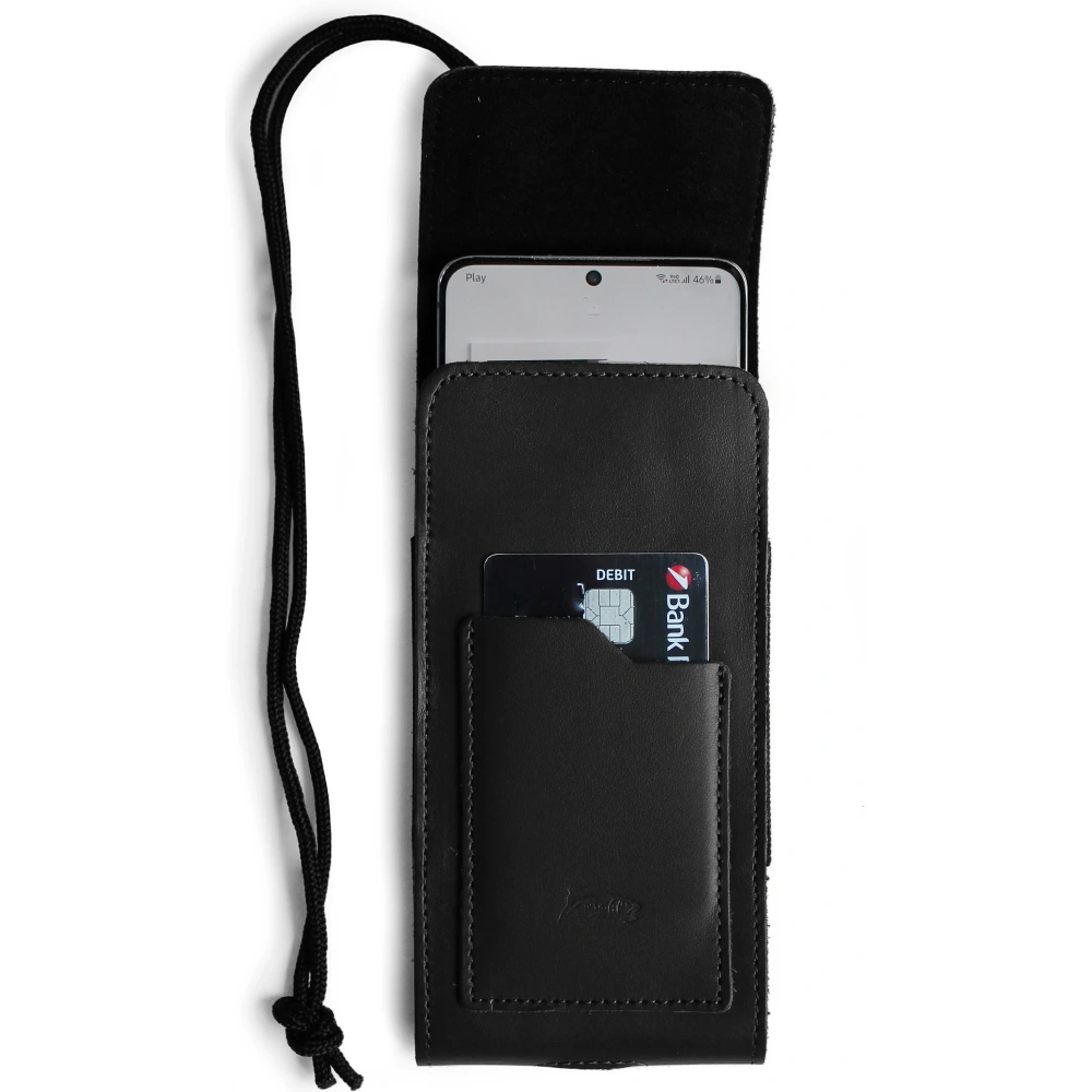 Skórzane etui na szyję / do paska / do szlufki / kabura pionowa LURESKO HECTOR XXL 167x78x10mm (czarny gładki czarna nić)