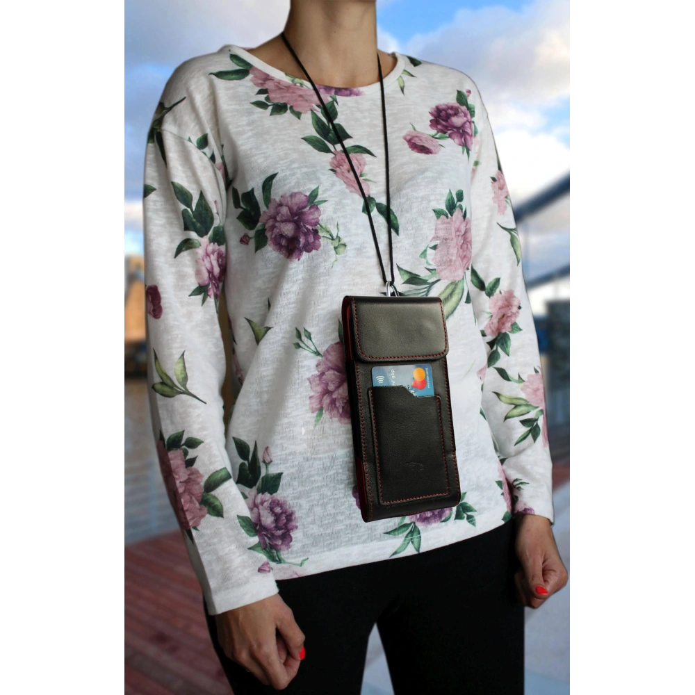 Skórzane etui na szyję / do paska / do szlufki kabura pionowa LURESKO HECTOR XXL 167x78x10mm (czarny gładki czerwona nić czerwony środek)