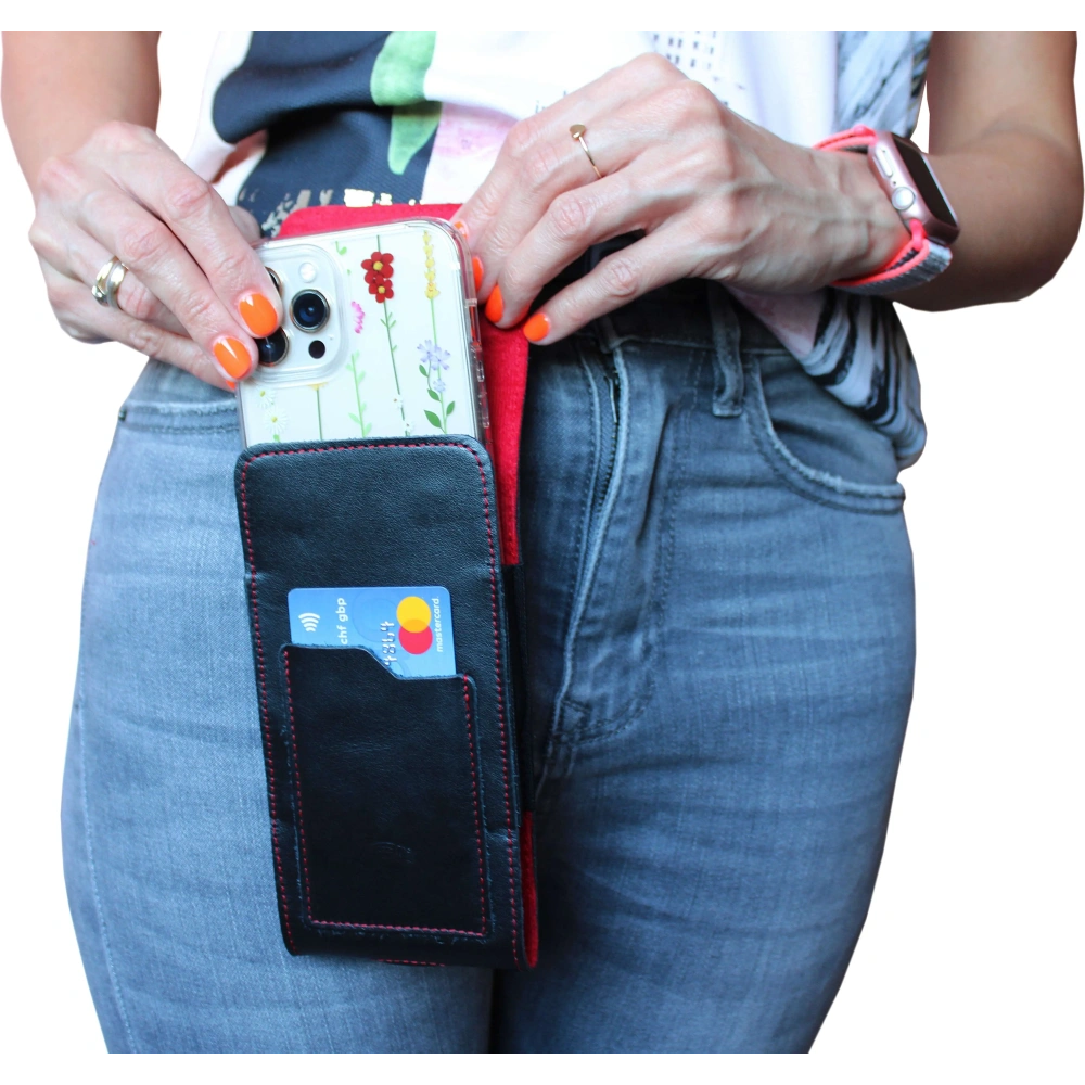 Skórzane etui na szyję / do paska / do szlufki kabura pionowa LURESKO HECTOR XXL 167x78x10mm (czarny gładki czerwona nić czerwony środek)