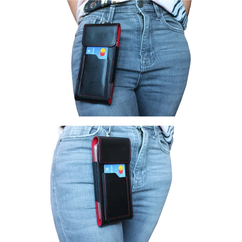 Skórzane etui na szyję / do paska / do szlufki kabura pionowa LURESKO HECTOR XXL 167x78x10mm (czarny gładki czerwona nić czerwony środek)