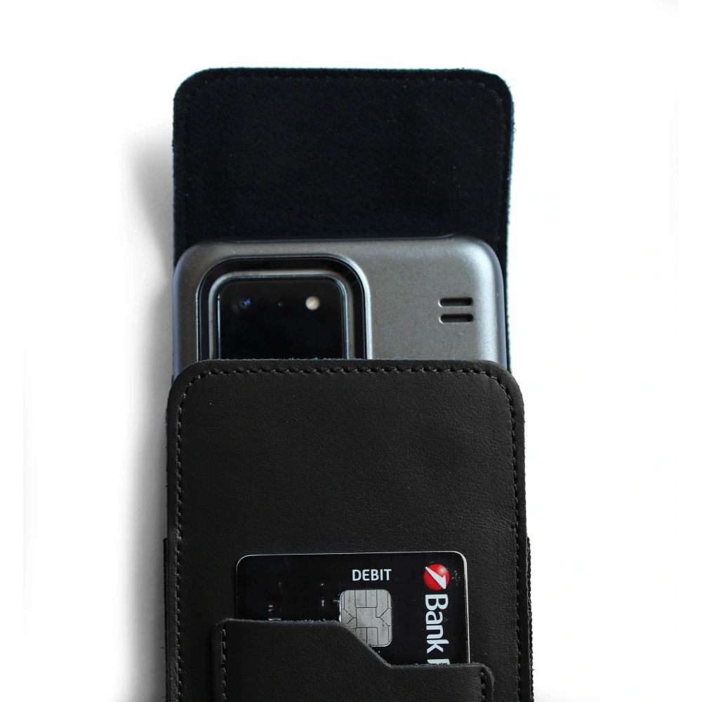 Skórzane etui na szyję / do paska / do szlufki / kabura pionowa LURESKO HECTOR XXL 167x78x10mm (czarny gładki czarna nić)