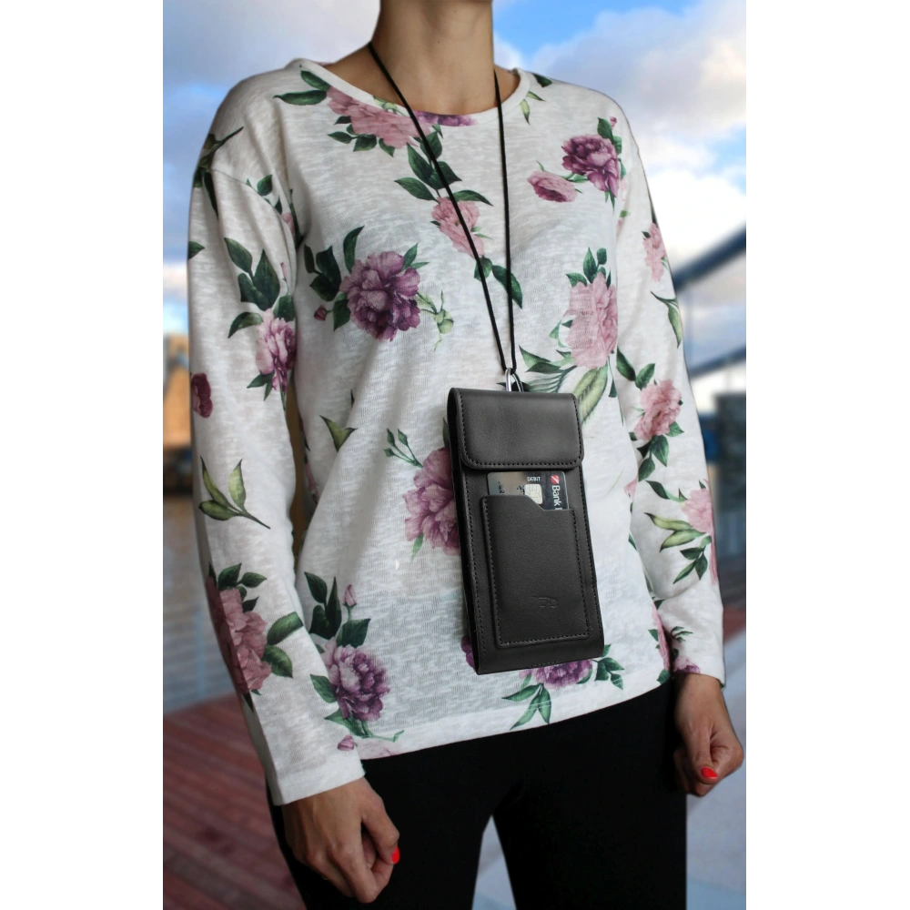 Skórzane etui na szyję / do paska / do szlufki / kabura pionowa LURESKO HECTOR XXL 167x78x10mm (czarny gładki czarna nić)