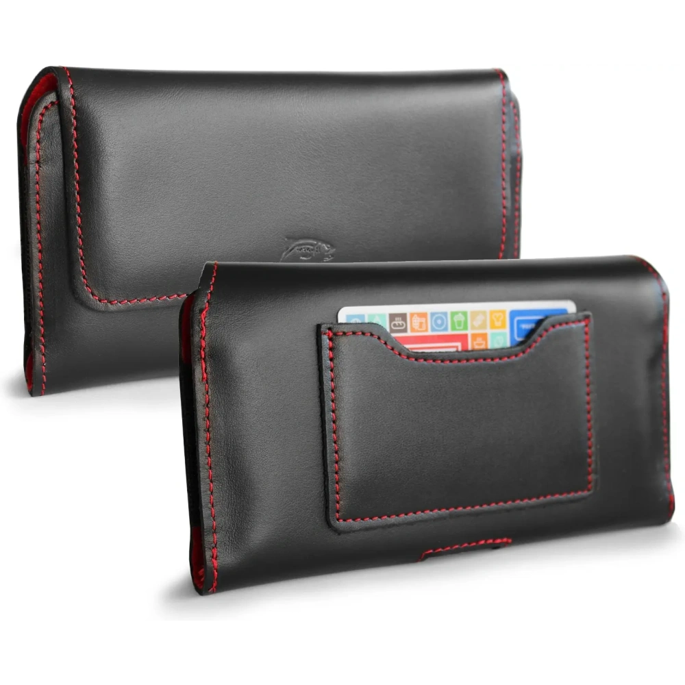 Skórzane etui ochronne LURESKO ELLA XXL na telefon - 170x85x12 / do torebki plecaka (czarny  czerwona nić)