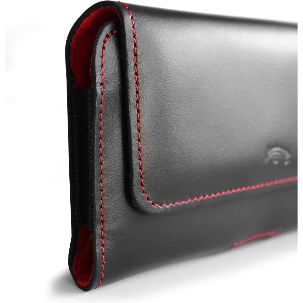 Skórzane etui ochronne LURESKO ELLA XXL na telefon - 170x85x12 / do torebki plecaka (czarny  czerwona nić)