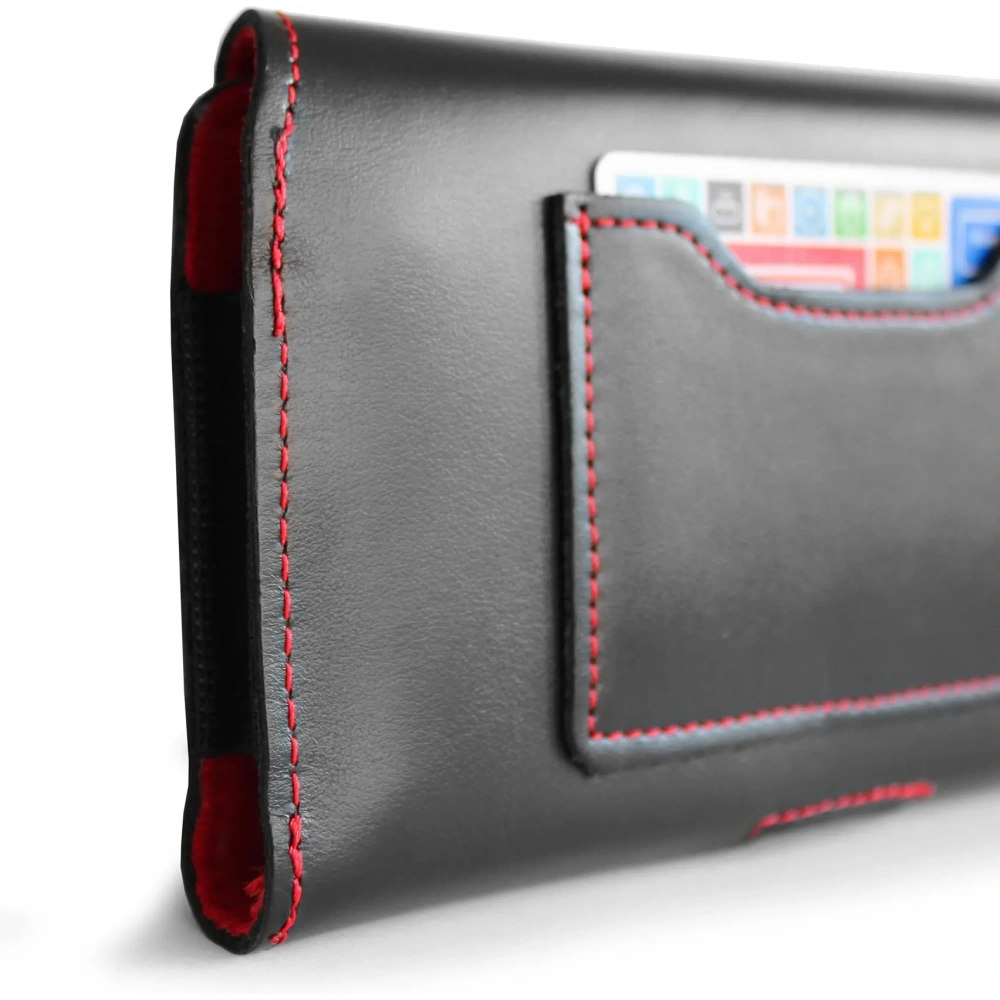 Skórzane etui ochronne LURESKO ELLA XXL na telefon - 170x85x12 / do torebki plecaka (czarny  czerwona nić)