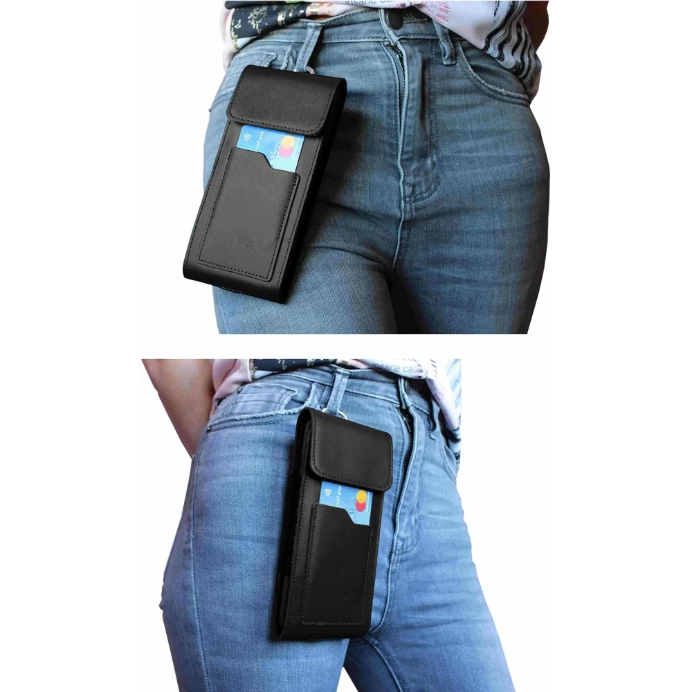 Skórzane etui na szyję / do paska / do szlufki / kabura pionowa LURESKO HECTOR XXL 167x78x10mm (czarny gładki czarna nić)