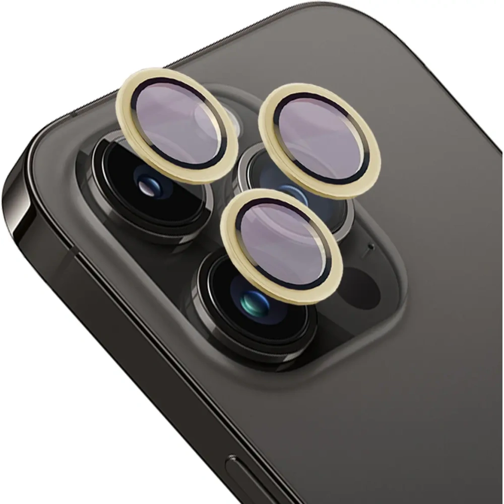 Szkło na aparat z aplikatorem Bizon Glass Snap Lens do Apple iPhone 14 Pro / 14 Pro Max złota ramka