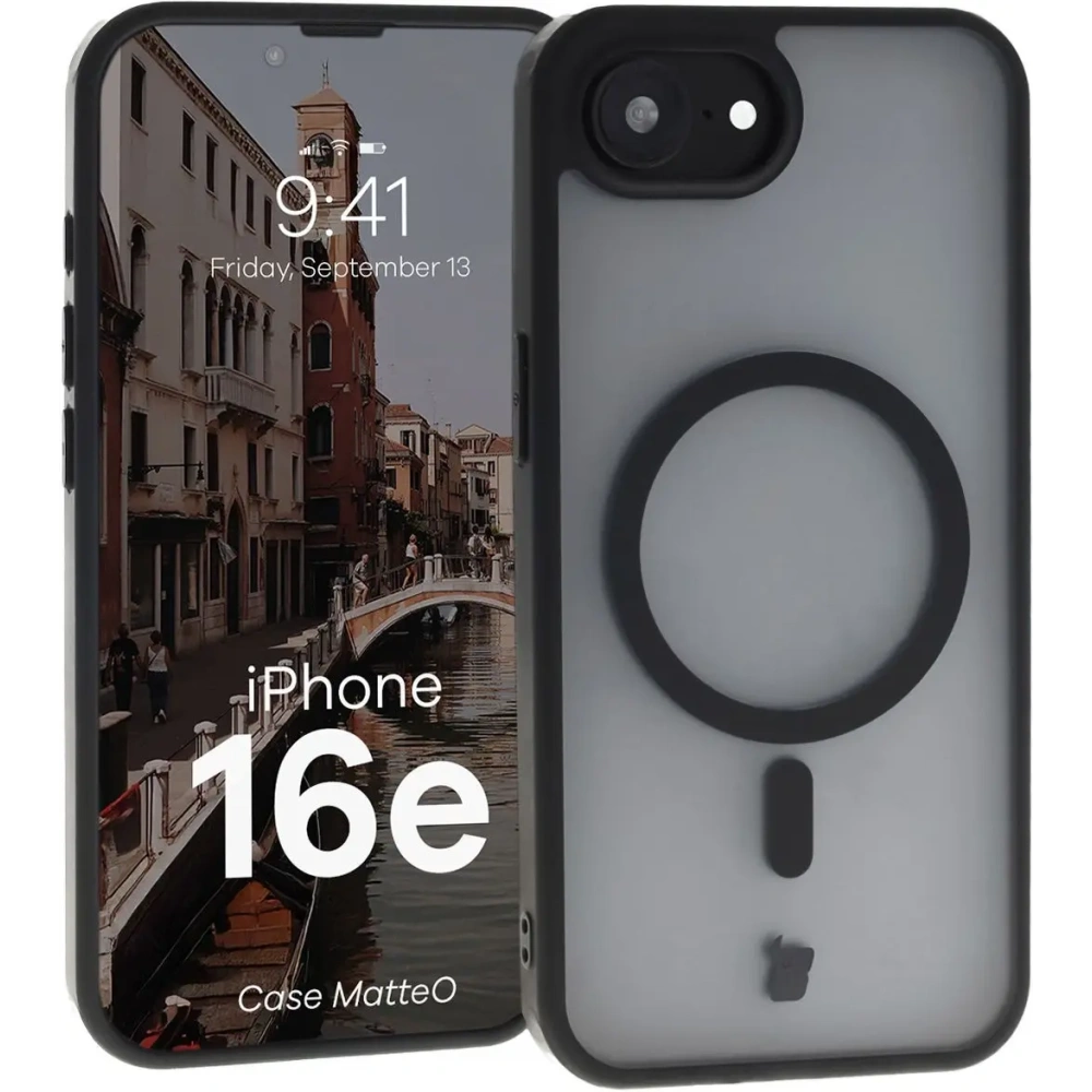 Etui z pierścieniem magnetycznym Bizon Case MatteO Magnetic do Apple iPhone 16e półprzezroczyste z czarną ramką