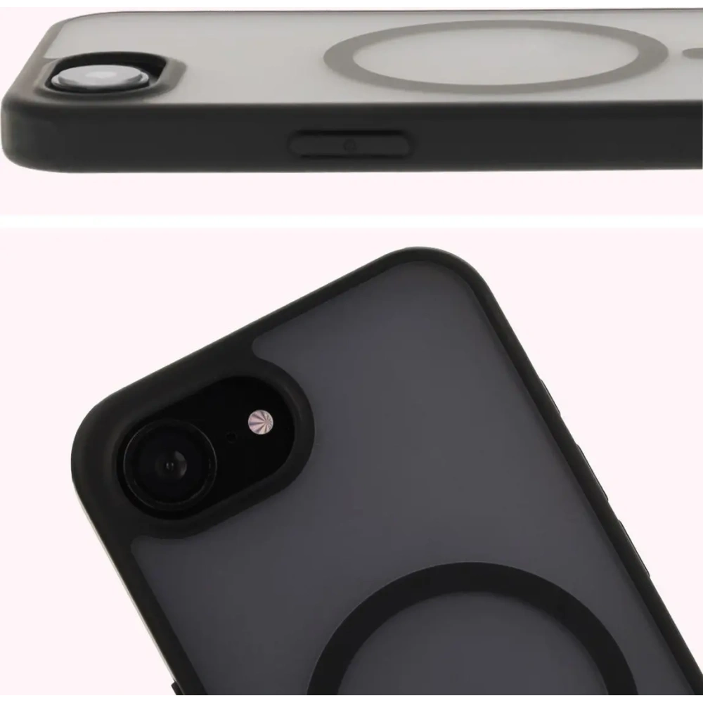 Etui z pierścieniem magnetycznym Bizon Case MatteO Magnetic do Apple iPhone 16e półprzezroczyste z czarną ramką