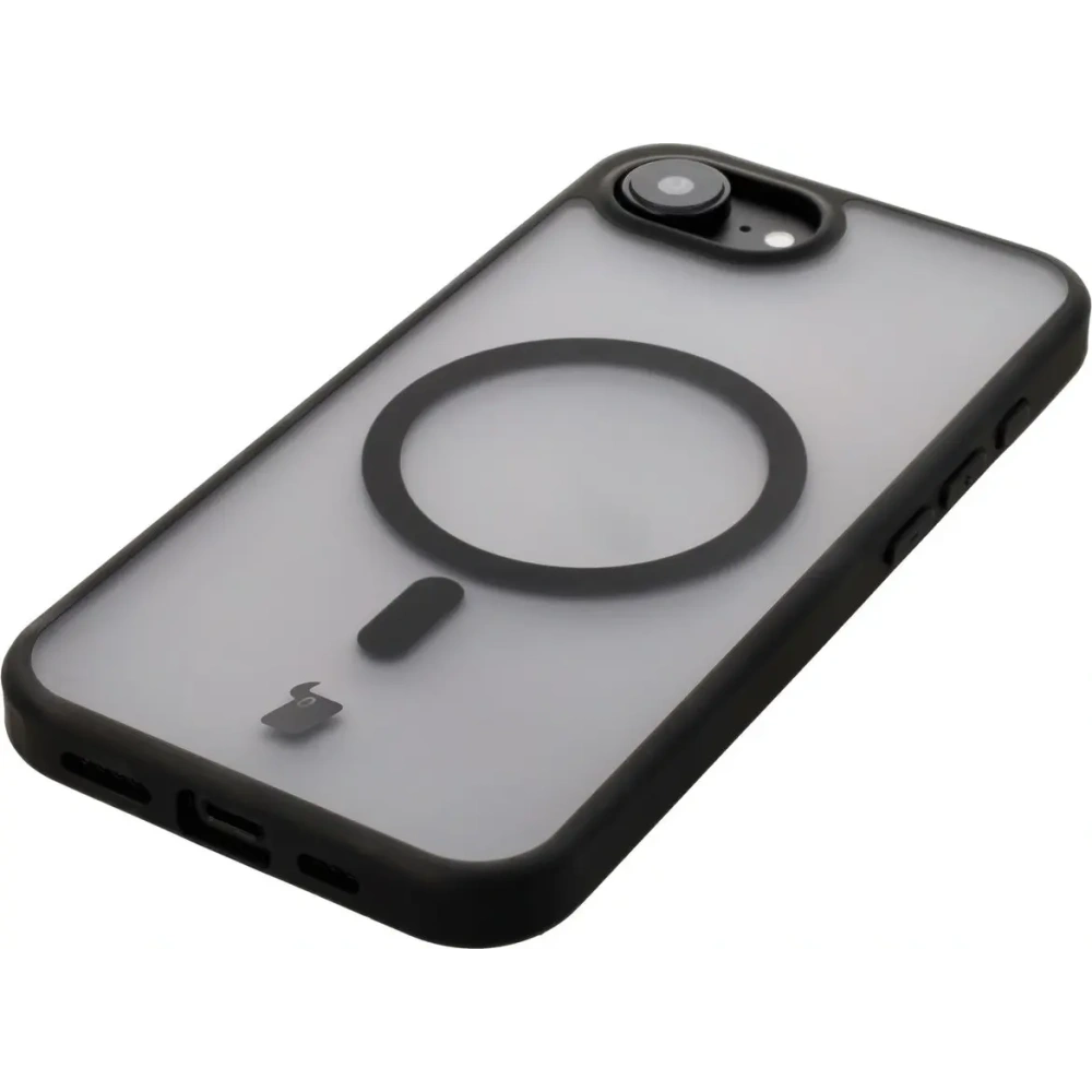 Etui z pierścieniem magnetycznym Bizon Case MatteO Magnetic do Apple iPhone 16e półprzezroczyste z czarną ramką