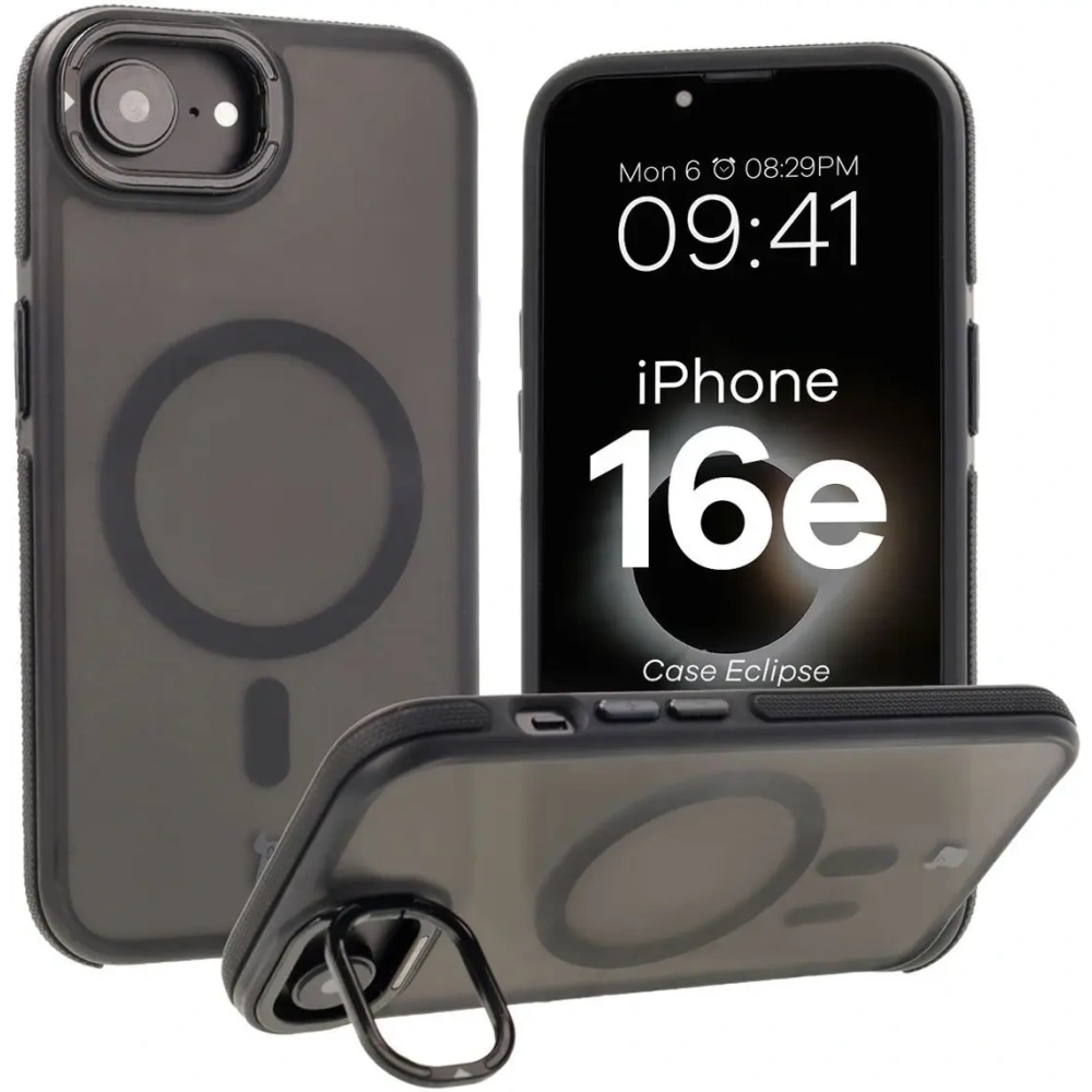 Etui z podstawką i pierścieniem magnetycznym Bizon Case Eclipse Magnetic & Stand do Apple iPhone 16e przydymione z czarną ramką