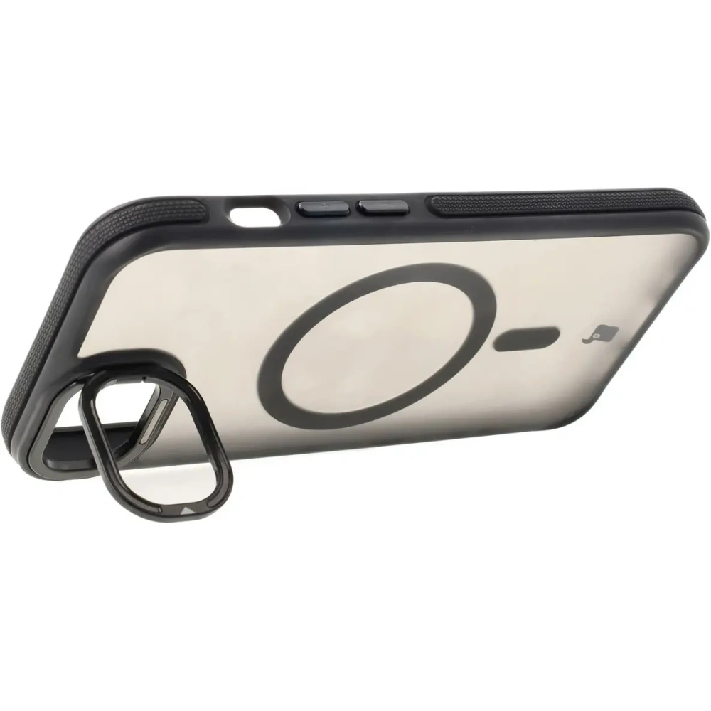 Etui z podstawką i pierścieniem magnetycznym Bizon Case Eclipse Magnetic & Stand do Apple iPhone 16e przydymione z czarną ramką