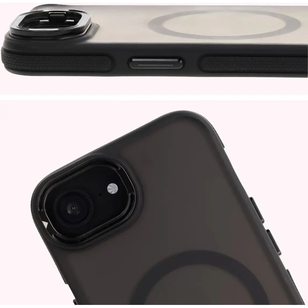 Etui z podstawką i pierścieniem magnetycznym Bizon Case Eclipse Magnetic & Stand do Apple iPhone 16e przydymione z czarną ramką