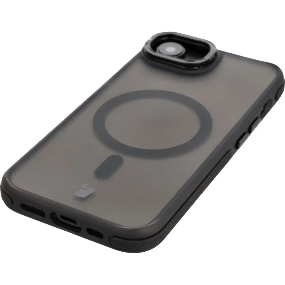 Etui z podstawką i pierścieniem magnetycznym Bizon Case Eclipse Magnetic & Stand do Apple iPhone 16e przydymione z czarną ramką