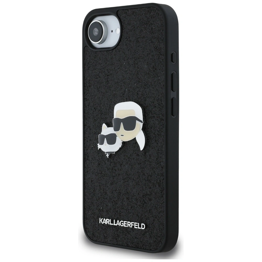 Etui Karl Lagerfeld Fixed Glitter Karl&Choupette Heads Metal Pin do Apple iPhone 16e czarny