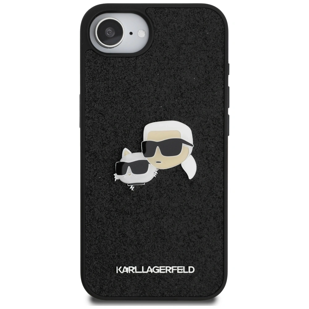 Etui Karl Lagerfeld Fixed Glitter Karl&Choupette Heads Metal Pin do Apple iPhone 16e czarny