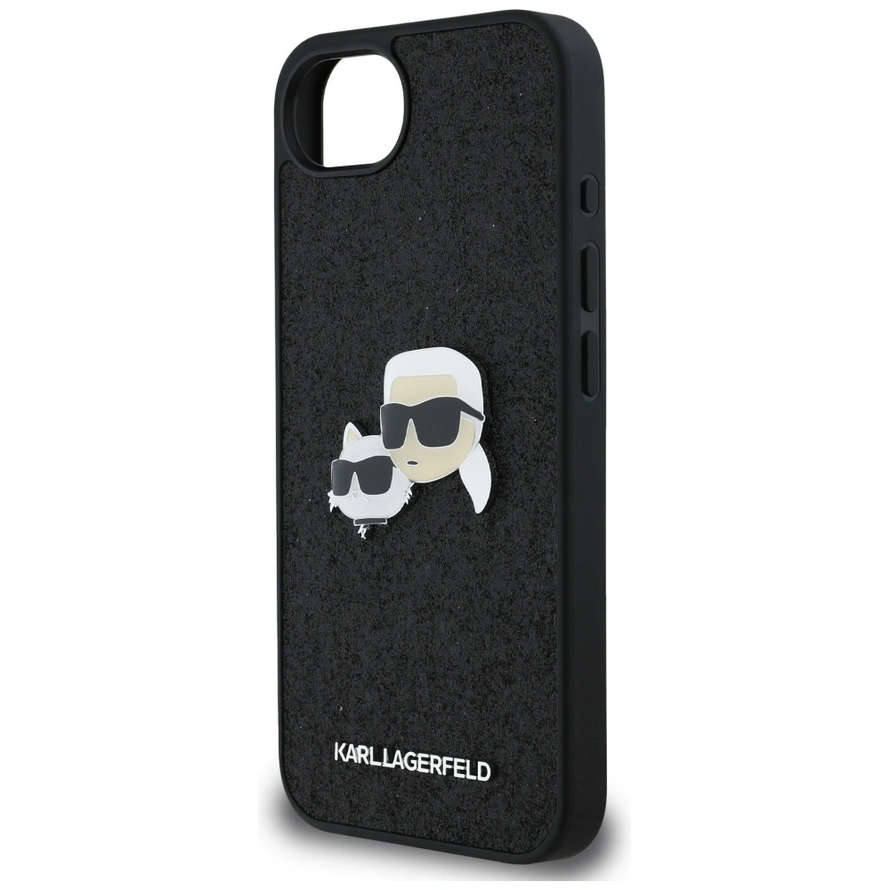Etui Karl Lagerfeld Fixed Glitter Karl&Choupette Heads Metal Pin do Apple iPhone 16e czarny
