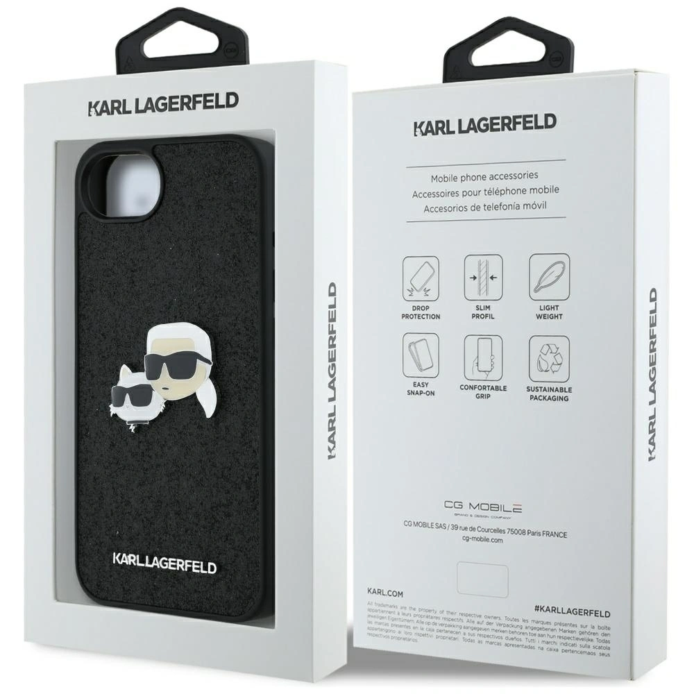 Etui Karl Lagerfeld Fixed Glitter Karl&Choupette Heads Metal Pin do Apple iPhone 16e czarny