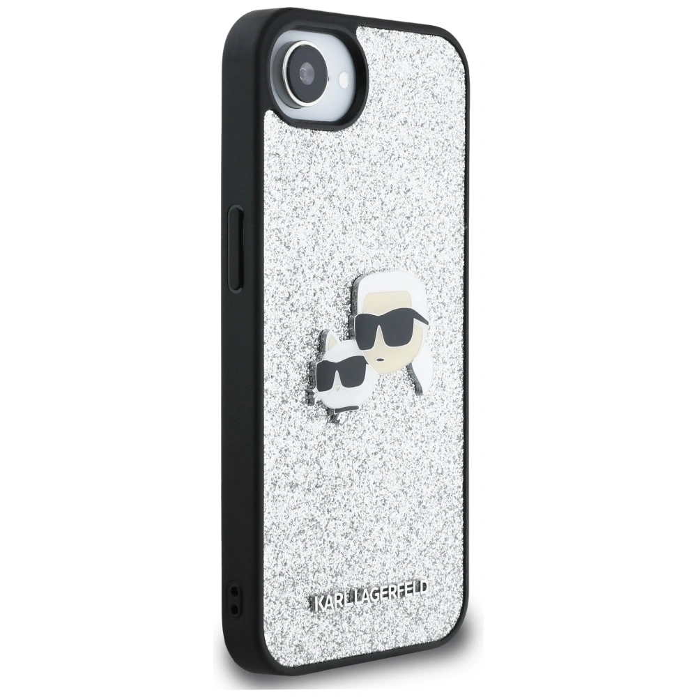 Etui Karl Lagerfeld Fixed Glitter Ikonik Metal Pin do Apple iPhone 16e srebrny