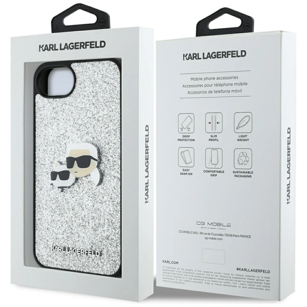 Etui Karl Lagerfeld Fixed Glitter Ikonik Metal Pin do Apple iPhone 16e srebrny
