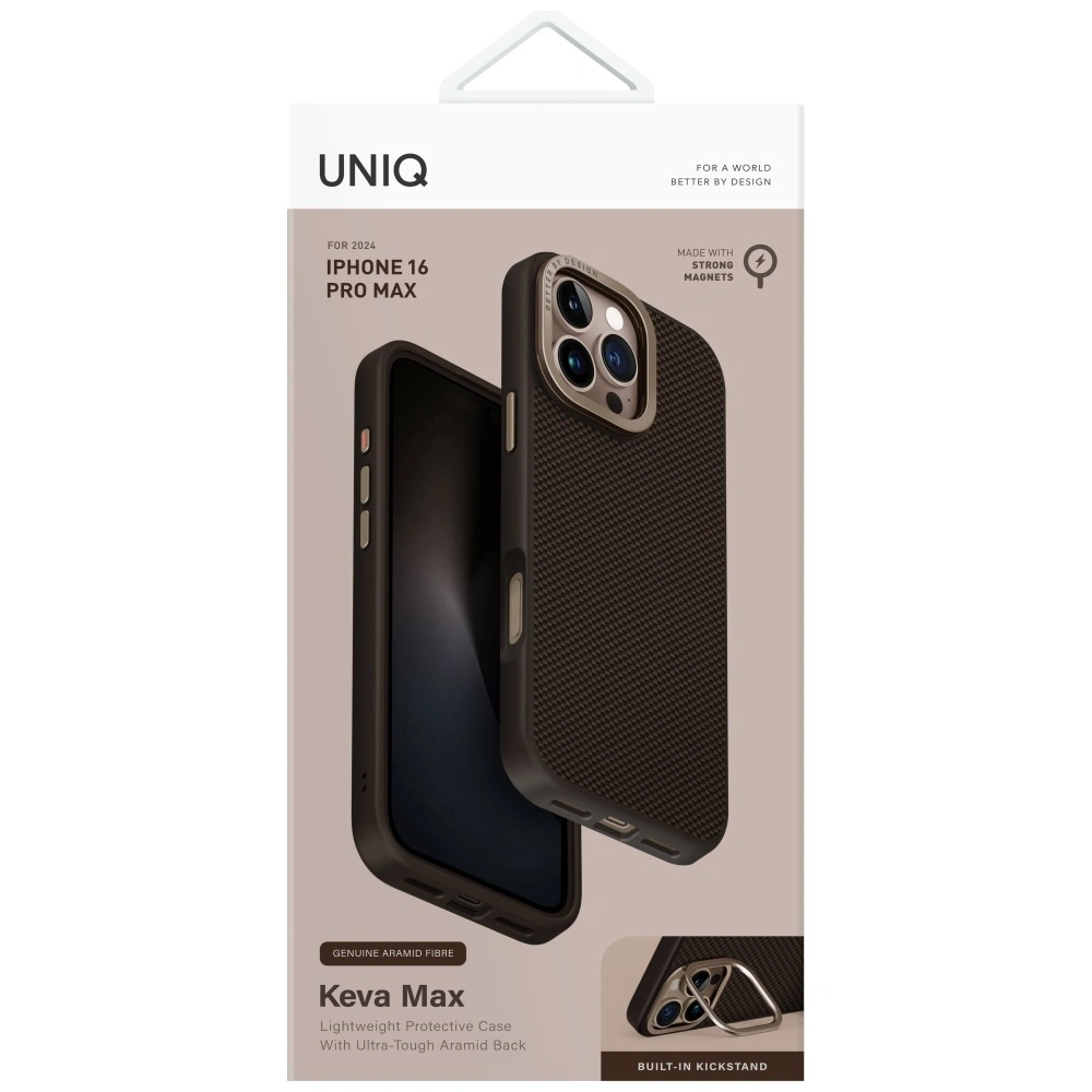 Etui UNIQ Keva Max do Apple iPhone 16 Pro Max Magclick Charging Camera Stand brązowy
