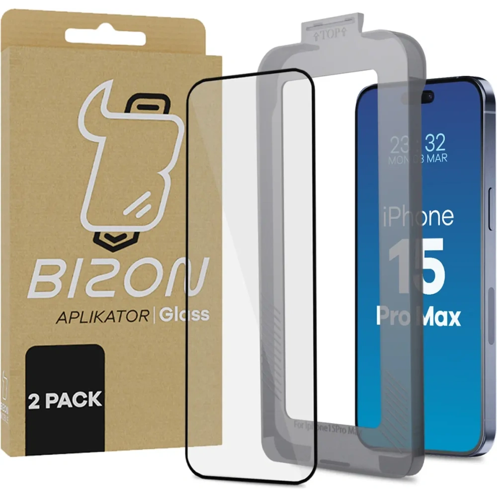 Szkło hartowane z ramką montażową Bizon Glass Aplikator do Apple iPhone 15 Pro Max [2 PACK]