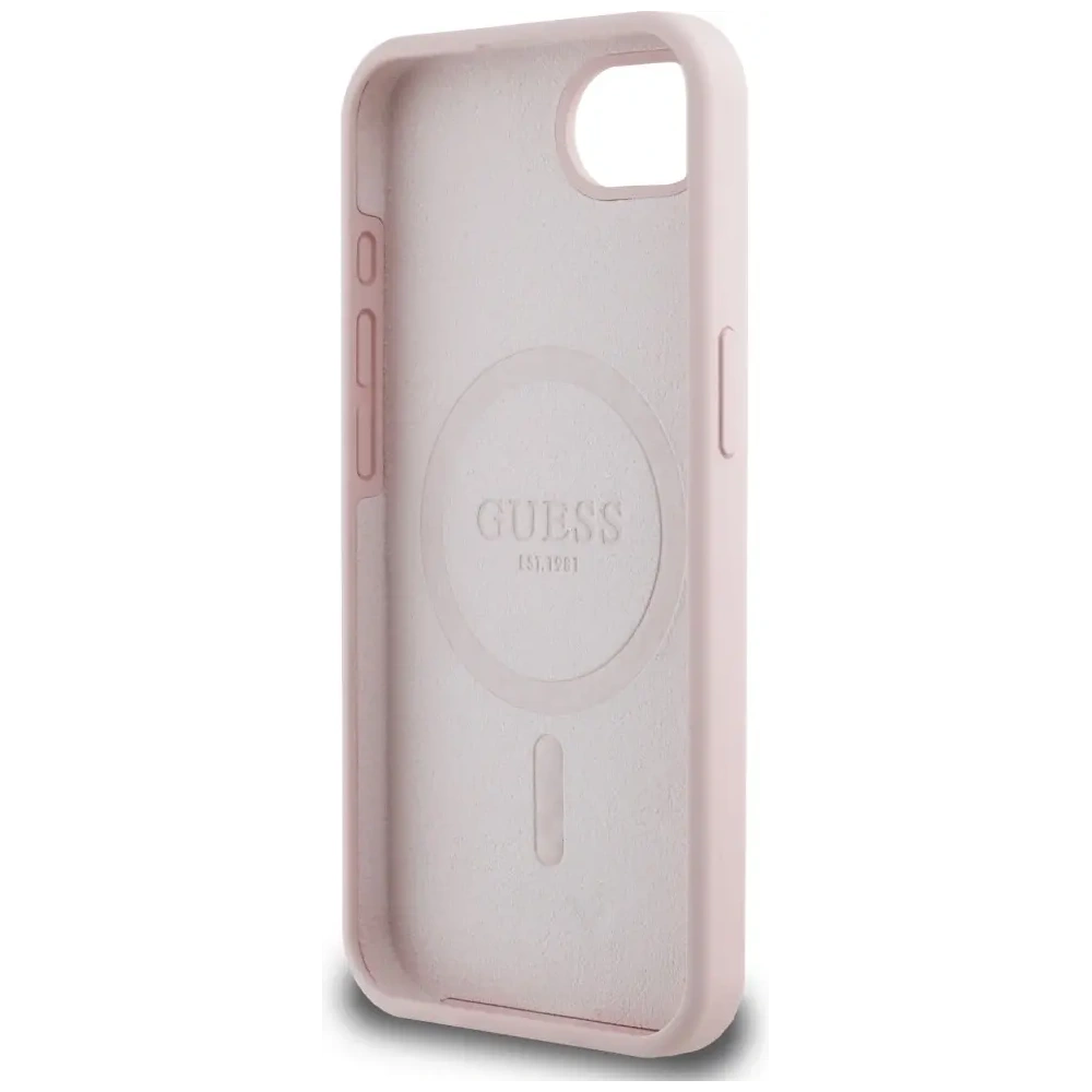 Etui Guess Silicone Script Metal Logo MagSafe do Apple iPhone 16e różowy