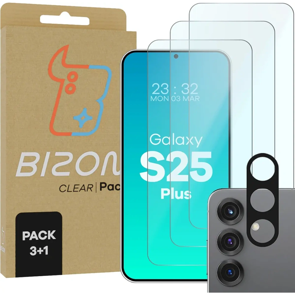 3x szkło na ekran + 1x na aparat BIZON Clear 2 Pack do Samsung Galaxy S25+ Plus